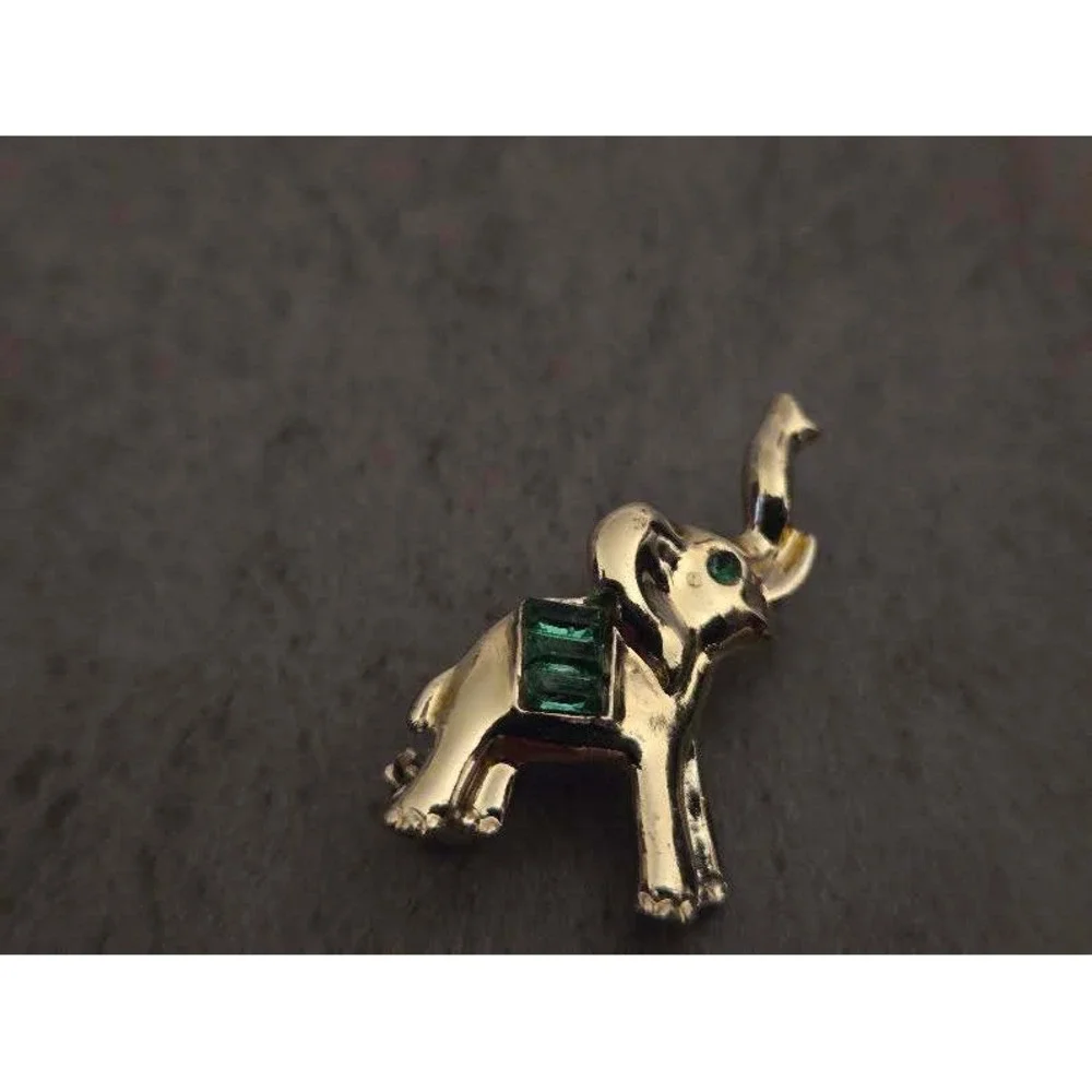 Vintage Gold Tone Elephant Brooch Green Crystal Accents Trunk Up Good Luck Pin